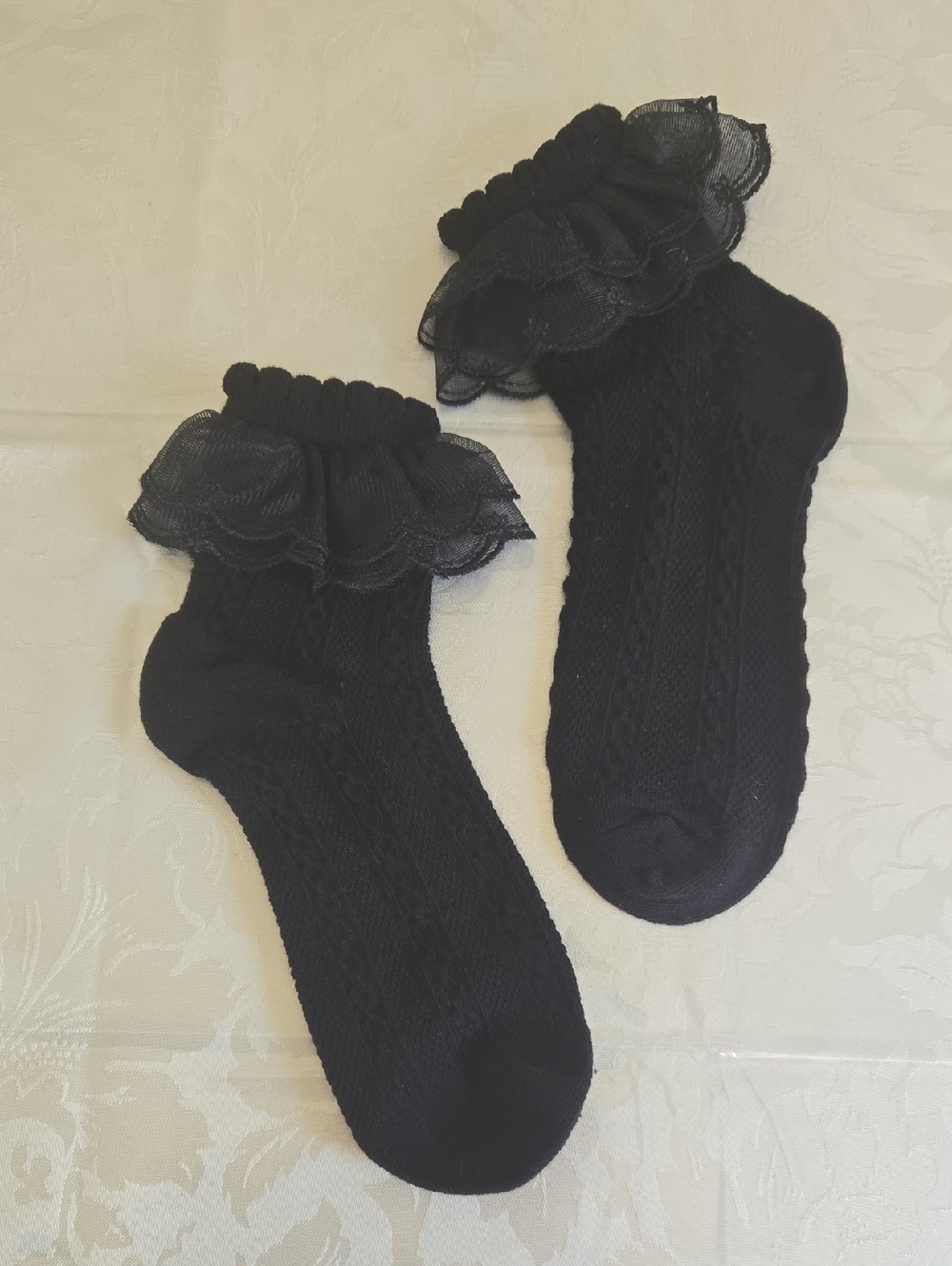 Black Ruffled Ankle Cable Knit Socks
